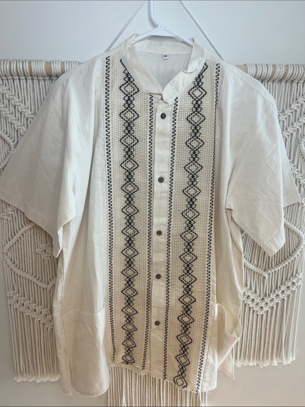 Men's Cream Embroidered Short-Sleeve Shirt